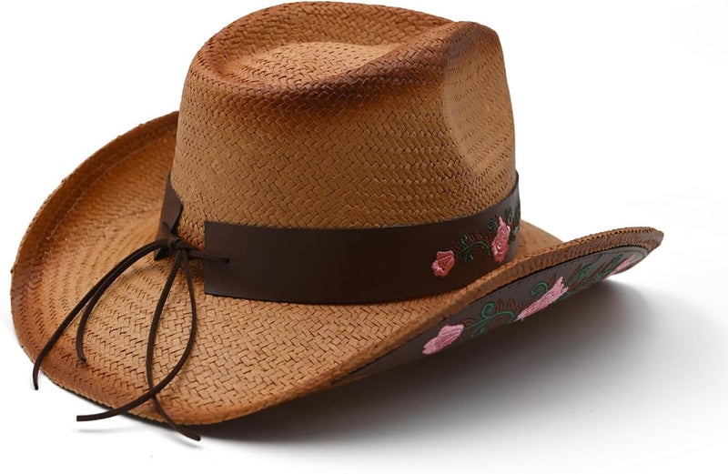 Foeran Men's Women's Straw Cowboy Hat Cowgirl Woven Sun Hat Western Cowboy Hat Two Decorative Bands - Image 2